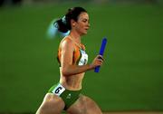 29 September 2000; Ciara Sheehy of Ireland competing in the women's 4x400m heats during day 15 of the 2000 Sydney Olympics in Sydney, Australia. Photo by Brendan Moran/Sportsfile
