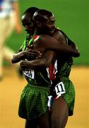 29 September 2000; Noah Ngeny of Kenya, right, is congratulated by team-mate Bernard Lagat after winning gold in the men's 1500m race during day 15 of the 2000 Sydney Olympics at Sydney Olympic Park in Sydney, Australia. Photo by Brendan Moran/Sportsfile