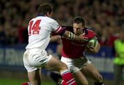 29 September 2000; John Kelly of Munster is tackled by James Topping of Ulster during the Guinness Interprovincial Rugby Championship match between Munster and Ulster at Musgrave Park in Cork. Photo by Matt Browne/Sportsfile