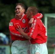 1 October 2000; Richie Foran, right, of Shelbourne celebrates after scoring his side's first goal with team-mate Richie Baker during the Eircom League Premier Division match between UCD and Shelbourne at the Belfield Bowl in UCD, Dublin. Photo by David Maher/Sportsfile