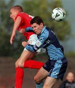 1 October 2000; Eamon McLaughlin of UCD in action against Richie Foran of Shelbourne during the Eircom League Premier Division match between UCD and Shelbourne at the Belfield Bowl in UCD, Dublin. Photo by David Maher/Sportsfile