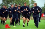 3 October 2000; Damien Duff, right, and Dominic Foley lead the team on a run during a Republic of Ireland squad training session at Clonshaugh in Dublin. Photo by Damien Eagers/Sportsfile