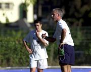 5 October 2000; Manager Mick McCarthy, right, and Ian Harte during a Republic of Ireland squad training session at the National Stadium Training Ground in Lisbon, Portugal. Photo by Damien Eagers/Sportsfile