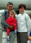 6 October 2000; Sonia O'Sullivan with partner Nick Bideau and daughter Ciara during her homecoming at Dublin Airport from the 2000 Sydney Olympics where she achieved a silver medal in the Women's 5000m race. Photo by Brendan Moran/Sportsfile