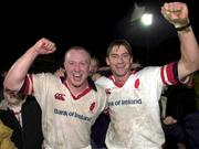 6 October 2000; Richard Weir, left, and Tyrone Howe of Ulster celebrate following the Heineken European Cup Pool 3 Round 1 match between Ulster and Cardiff at Ravenhill in Belfast. Photo by Matt Browne/Sportsfile