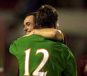 7 October 2000; Stephen Carr, left, and Matt Holland of Republic of Ireland celebrate following the World Cup 2002 Qualification Group 2 match between Portugal and Republic of Ireland at the Estádio da Luz in Lisbon, Portugal. Photo by David Maher/Sportsfile