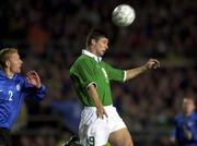 11 October 2000; Niall Quinn of Ireland heads wide during the World Cup 2002 Qualifying group 2 match between Republic of Ireland and Estonia at Lansdowne Road in Dublin. Photo by David Maher/Sportsfile