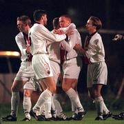 13 October 2000; Glen Crowe, second from right, celebrates after scoring his side's first goal with team-mates during the Eircom League Premier Division match between Bohemians v St Patrick's Athletic at Dalymount Park in Dublin. Photo by David Maher/Sportsfile