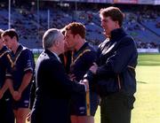8 October 2000; An Taoiseach Bertie Ahern T.D. meets Australia assistant coach Jim Stynes, brother of Brian Stynes of Dublin, prior to the International Rules Series First Test match between Ireland and Australia at Croke Park in Dublin. Photo by Ray McManus/Sportsfile