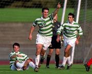 15 October 2000; Bill Byrne, right, of Shamrock Rovers celebrates after scoring his side's second goal during the Eircom League Premier Division match between Shamrock Rovers and Cork City at Morton Stadium in Dublin. Photo by Aoife Rice/Sportsfile