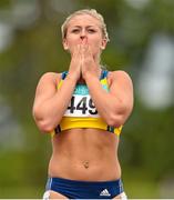 9 August 2015; Sarah Lavin, from U.C.D. A.C, reacts after being disqualified during the women's 100m hurdles. GloHealth Senior Track and Field Championships. Morton Stadium, Santry, Co. Dublin. Picture credit: Matt Browne / SPORTSFILE