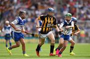 9 August 2015; Katie Quinlivan, Loreto PS, Rathfarnham, Dublin 14, representing Kilkenny, in action against Caolfhionn Ní Mhuilleoir, Gaelscoil Uí Fhiach, Maigh Nuad, Cill Dar, left, and Lucy O’Kane, St Johns PS, Coleraine, Derry, representing Waterford, during the Cumann na mBunscol INTO Respect Exhibition Go Games 2015 at Kilkenny v Waterford - GAA Hurling All-Ireland Senior Championship Semi-Final. Croke Park, Dublin. Picture credit: Ray McManus / SPORTSFILE