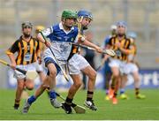 9 August 2015; Brody Murphy, Ballymurn NS, Enniscorthy, Wexford, representing Waterford, in action against Gerard Kavanagh, Myshall NS, Carlow, representing Kilkenny, during the Cumann na mBunscol INTO Respect Exhibition Go Games 2015 at Kilkenny v Waterford - GAA Hurling All-Ireland Senior Championship Semi-Final. Croke Park, Dublin. Picture credit: Brendan Moran / SPORTSFILE