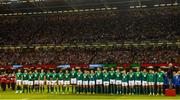 8 August 2015; The Ireland team during the National Anthem. Rugby World Cup Warm-Up Match, Wales v Ireland, Millennium Stadium, Cardiff, Wales. Picture credit: Ramsey Cardy / SPORTSFILE
