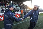 4 January 2009; Meath manager Eamon O'Brien, left, shakes hands with Westmeath manager Tomas O Flaharta at the end of the game. O'Byrne Cup, First Round, Meath v Westmeath, Pairc Tailteann, Navan, Co. Meath. Photo by Sportsfile