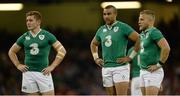 8 August 2015; Ireland players, from left, Paddy Jackson, Simon Zebo and Ian Madigan. Rugby World Cup Warm-Up Match, Wales v Ireland, Millennium Stadium, Cardiff, Wales. Picture credit: Brendan Moran / SPORTSFILE