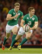 8 August 2015; Paddy Jackson, Ireland, supported by team-mate Andrew Trimble. Rugby World Cup Warm-Up Match, Wales v Ireland, Millennium Stadium, Cardiff, Wales. Picture credit: Brendan Moran / SPORTSFILE