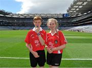 9 August 2015; Referees Ely Cullen and Sarah Maher, both from St. Mary's NS, Ballygunner, Waterford, before the Cumann na mBunscol INTO Respect Exhibition Go Games 2015 at Kilkenny v Waterford - GAA Hurling All-Ireland Senior Championship Semi-Final. Croke Park, Dublin. Picture credit: Dáire Brennan / SPORTSFILE
