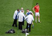 8 August 2015; Monaghan captain Conor McManus shakes hands with the umpires before the game. GAA Football All-Ireland Senior Championship, Quarter-Final, Monaghan v Tyrone. Croke Park, Dublin. Picture credit: Dáire Brennan / SPORTSFILE