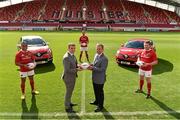 11 August 2015; Pictured at the announcement that Kearys Renault are the new Official Vehicle Sponsor to Munster Rugby were Brendan Keary, left, Dealer Principal at Keary Renault, with Munster Chief Executive Garrett Fitzgerald and Munster players, from left, Francis Saili, Dave Foley and Mike Sherry. The landmark sponsorship deal was announced in Thomond Park today, ahead of the first game in the Kearys Renault Series kicking off this Friday with Munster taking on Grenoble in Thomond Park. The partnership will see Kearys Renault drive forward with the senior provincial rugby team until June 2018. Thomond Park, Limerick. Picture credit: Matt Browne / SPORTSFILE