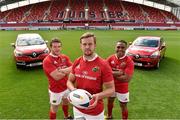 11 August 2015; Pictured at the announcement that Kearys Renault are the new Official Vehicle Sponsor to Munster Rugby were Munster's Dave Foley, centre, with Mike Sherry and Francis Saili, right. The landmark sponsorship deal was announced in Thomond Park today, ahead of the first game in the Kearys Renault Series kicking off this Friday with Munster taking on Grenoble in Thomond Park. The partnership will see Kearys Renault drive forward with the senior provincial rugby team until June 2018. Thomond Park, Limerick. Picture credit: Matt Browne / SPORTSFILE