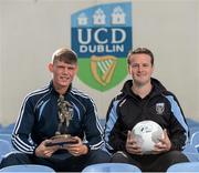 11 August 2015; UCD's Ryan Swan, left, and manager Collie O'Neill, after he was presented with the SSE Airtricity player of the month award for July 2015. Belfield Bowl, Belfield, UCD, Dublin. Picture credit: Seb Daly / SPORTSFILE