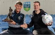 11 August 2015; UCD Manager Collie O'Neill, right, congratulates player Ryan Swan on winning the SSE Airtricity player of the month award for July 2015. Belfield Bowl, Belfield, UCD, Dublin. Picture credit: Seb Daly / SPORTSFILE