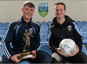 11 August 2015; UCD's Ryan Swan, left, and manager Collie O'Neill, after he was presented with the SSE Airtricity player of the month award for July 2015. Belfield Bowl, Belfield, UCD, Dublin. Picture credit: Seb Daly / SPORTSFILE