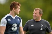 11 August 2015; Ireland skills and kicking coach Richie Murphy, right, with out-half Paddy Jackson during squad training. Ireland Rugby Squad Training. Carton House, Maynooth, Co. Kildare. Picture credit: Brendan Moran / SPORTSFILE