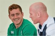 11 August 2015; Ireland out-half Paddy Jackson, left, with Paul O'Connell before squad training. Ireland Rugby Squad Training. Carton House, Maynooth, Co. Kildare. Picture credit: Brendan Moran / SPORTSFILE