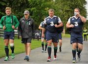 11 August 2015; Ireland players, from left, Ian Madigan, head coach Joe Schmidt, Nathan White and Michael Bent arrive for squad training. Ireland Rugby Squad Training. Carton House, Maynooth, Co. Kildare. Picture credit: Sam Barnes / SPORTSFILE
