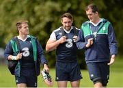 11 August 2015; Ireland players, from left, Craig Gilroy, Jack Conan and Devin Toner arrive for squad training. Ireland Rugby Squad Training. Carton House, Maynooth, Co. Kildare. Picture credit: Sam Barnes / SPORTSFILE