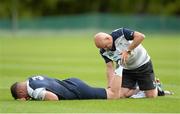 11 August 2015; Ireland's Dave Kilcoyne receives treatment from Team Masseur Dave Revins during squad training. Ireland Rugby Squad Training. Carton House, Maynooth, Co. Kildare. Picture credit: Sam Barnes / SPORTSFILE