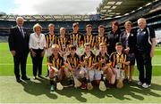 9 August 2015; Uachtarán Chumann Lúthchleas Gael Aogán Ó Fearghail, President of the INTO Emma Dineen, President of the Camogie Association Catherine Neary, President of Cumann na mBunscoil Maireád O'Callaghan with the Kilkenny hurling team, back row, from left, Ian Byrne, Glenmore NS Kilkenny, Ronan Donnelly, St. Patrick’s PS, Donaghmore, Tyrone, Conor Burke, St Mark's SNS, Springfield, Dublin, Gerard Kavanagh, Myshall NS, Carlow, Seán Magill, Scoil Mhuire na nGael, Dundalk, Louth. Front row from left, Oisín Ó Ceallaigh, Gaelscoil Eoghan Uí Thuairisc, Carlow, Charlie Hamilton, St, Joseph’s NS, Dromahair, Leitrim, Peter Doyle, St. Felim’s NS, Ballinagh, Cavan, Thomas Lonergan, Dunboyne SNS, Meath, Ryan Devlin, Blessed Patrick O’Loughran, Dungannon, Tyrone. Cumann na mBunscol INTO Respect Exhibition Go Games 2015 at Kilkenny v Waterford - GAA Hurling All-Ireland Senior Championship Semi-Final. Croke Park, Dublin. Picture credit: Piaras Ó Mídheach / SPORTSFILE