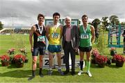 9 August 2015; Former Olympics gold medallist, in 1956, Ronnie Delany with the 800m winner Mark English from U.C.D. A.C, second from left,  Declan Murray, left, who won silver, from Clonliffe Harriers A.C, and Niall Tuohy, who won bronze, from Ferrybank A.C. GloHealth Senior Track and Field Championships. Morton Stadium, Santry, Co. Dublin. Picture credit: Matt Browne / SPORTSFILE