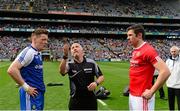 8 August 2015; Referee Marty Duffy performs the coin toss with team captains Conor McManus, Monaghan, left, and Seán Cavanagh, Tyrone, before the game. GAA Football All-Ireland Senior Championship Quarter-Final, Monaghan v Tyrone. Croke Park, Dublin. Picture credit: Piaras Ó Mídheach / SPORTSFILE