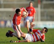4 January 2009; Gerard McCarthy, Cork, is tackled by Ross O'Dwyer, C.I.T. McGrath Cup Preliminary Round, Cork v Cork Institute of Technology, Pairc Ui Rinn, Cork. Picture credit: Brendan Moran / SPORTSFILE