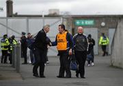 11 January 2009; 'Maor' Thomas Whyte, from Finglas, Dublin, welcomes Wicklow manager Mick O'Dwyer to Parnell Park. O'Byrne Cup Quarter-Final, Dublin v Wicklow, Parnell Park, Dublin. Picture credit: Ray McManus / SPORTSFILE