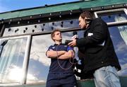13 January 2009; Leinster's Luke Fitzgerald is interviewed for radio after a press conference ahead of their Heineken Cup Pool 2 match against London Wasps. Bective Rangers Clubhouse, Donnybrook, Dublin. Picture credit: Brian Lawless / SPORTSFILE