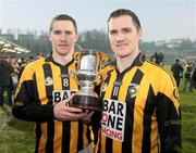 14 December 2008; Crossmaglen Rangers' Tony McEntee and John McEntee with the Seamus McFerran cup. AIB Ulster Senior Club Football Championship Final Replay, Crossmaglen Rangers v Ballinderry, Brewster Park, Enniskillen, Co. Fermanagh. Picture credit: Oliver McVeigh / SPORTSFILE