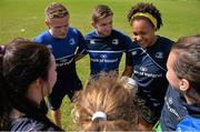 12 August 2015; Leinster Academy players Steve Crosbie, left, Ian Fitzpatrick and Sophie Spence, Ireland women's rugby player, dropped in to a training session at the Bank of Ireland School of Excellence in the King's Hospital, Palmerstown, Dublin. Picture credit: Cody Glenn / SPORTSFILE