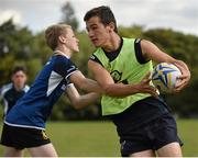 12 August 2015; Leinster Academy players Steve Crosbie and Ian Fitzpatrick dropped in to a training session at the Bank of Ireland School of Excellence in the King's Hospital, Palmerstown, Dublin. Picture credit: Cody Glenn / SPORTSFILE