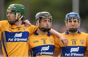 30 July 2015; Clare players, from left, Ben O'Gorman, Eoin Quirke and Shane O'Donnell. Bord Gáis Energy Munster GAA Hurling U21 Championship Final, Clare v Limerick. Cusack Park, Ennis, Co. Clare. Picture credit: Stephen McCarthy / SPORTSFILE