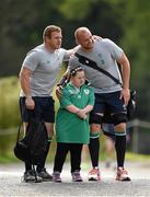 13 August 2015; Ireland's Sean Cronin, left, and Dan Tuohy pose for a picture with Ireland rugby supporter Jennifer Malone, from Clane, Co. Kildare, as they arrive for squad training. Ireland Rugby Squad Training, Carton House, Maynooth, Co. Kildare. Picture credit: Stephen McCarthy / SPORTSFILE