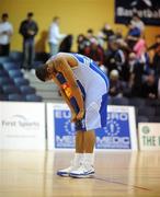 11 January 2009;A dejected Vincent James, Neptune, after the game. Basketball Ireland Men's SuperLeague National Cup Semi-Final 2008, Neptune v DART Killester, National Basketball Arena, Tallaght, Dublin. Picture credit: Stephen McCarthy / SPORTSFILE