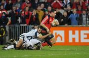 16 January 2009; David Wallace, Munster, goes over for his try against Sale Sharks despite the tackle of Charlie Hodgson and Richard Wigglesworth. Heineken Cup, Pool 1, Round 5, Munster v Sale Sharks, Thomond Park, Limerick. Picture credit: Matt Browne / SPORTSFILE