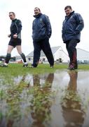 18 January 2009; Referee Michael Duffy with managers Fergal O'Donnell and John O'Mahony inspect the water on the pitch before the match. FBD League, Section A, Mayo v Roscommon, Ballyhaunis GAA Club, Ballyhaunis, Co. Mayo. Picture credit: Ray Ryan / SPORTSFILE