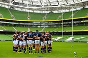 14 August 2015; The Scotland team huddle during the captain's run. Scotland Rugby Captain's Run, Aviva Stadium, Lansdowne Road, Dublin. Picture credit: Ramsey Cardy / SPORTSFILE
