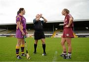 15 August 2015; Shelley Kehoe, Wexford, left, and Niamh Kilkenny, Galway, at the coin toss with Cathal Egan, Referee. Liberty Insurance All-Ireland Senior Camogie Championship, Semi-Final, Galway v Wexford, Nowlan Park, Kilkenny. Picture credit: Sam Barnes / SPORTSFILE