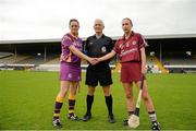 15 August 2015; Shelley Kehoe, Wexford, and Niamh Kilkenny, Galway, shake hands in front of Cathal Egan, Referee. Liberty Insurance All-Ireland Senior Camogie Championship, Semi-Final, Galway v Wexford, Nowlan Park, Kilkenny. Picture credit: Sam Barnes / SPORTSFILE